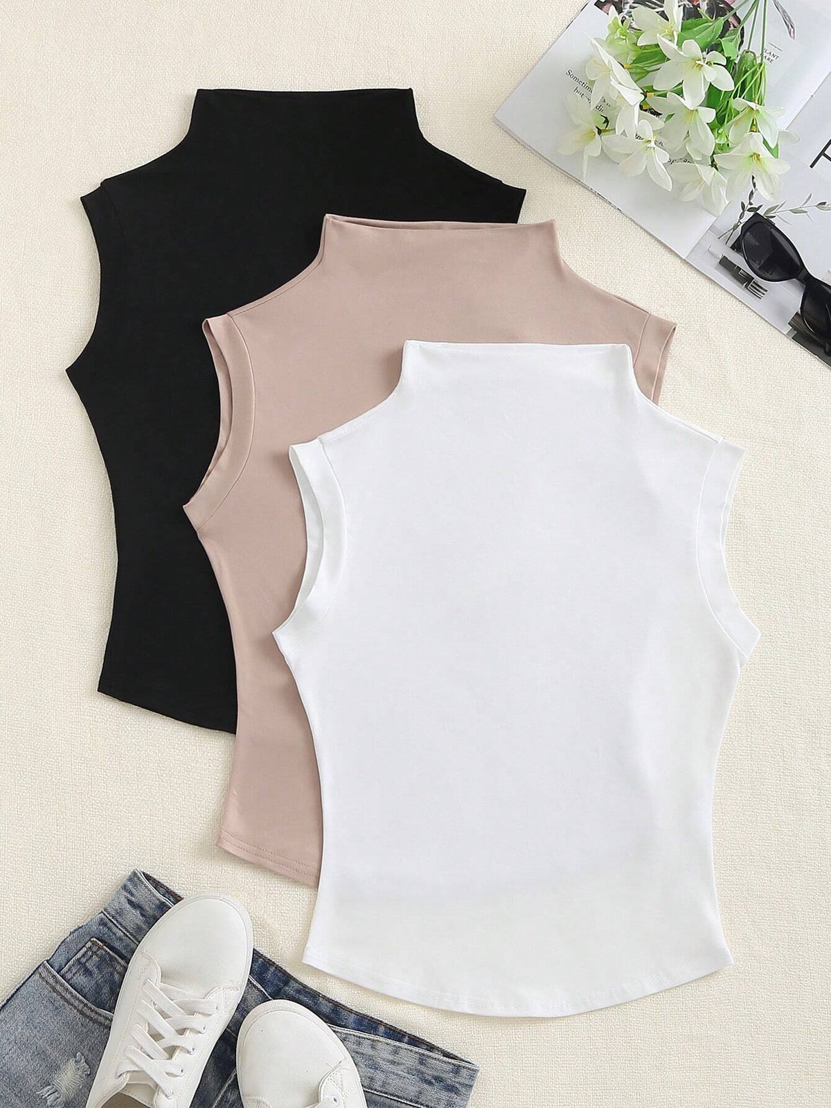 Flirla Women's Solid Color Stand Collar T-Shirt