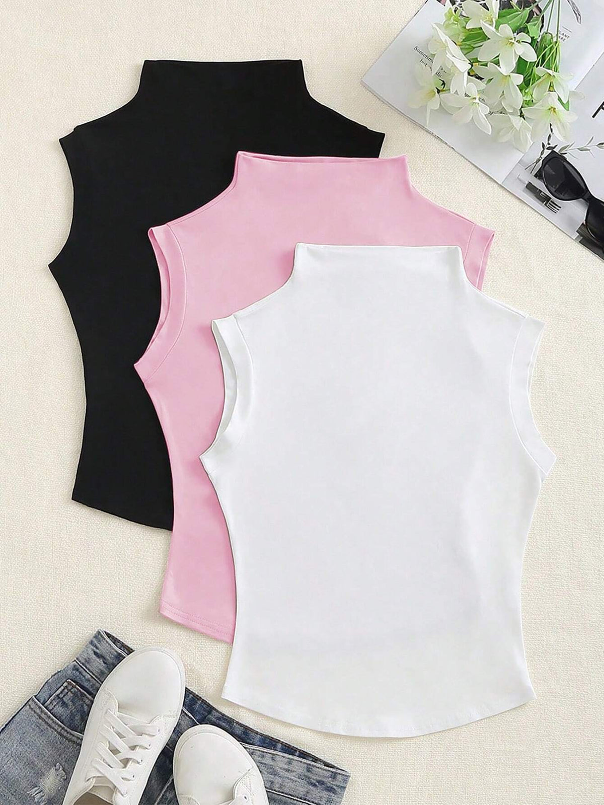 Flirla Women's Solid Color Stand Collar T-Shirt