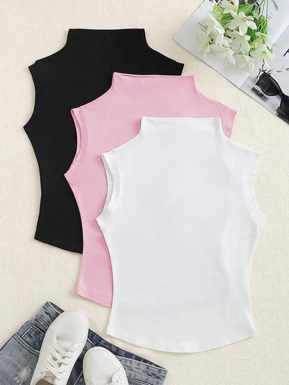 Flirla Women's Solid Color Stand Collar T-Shirt