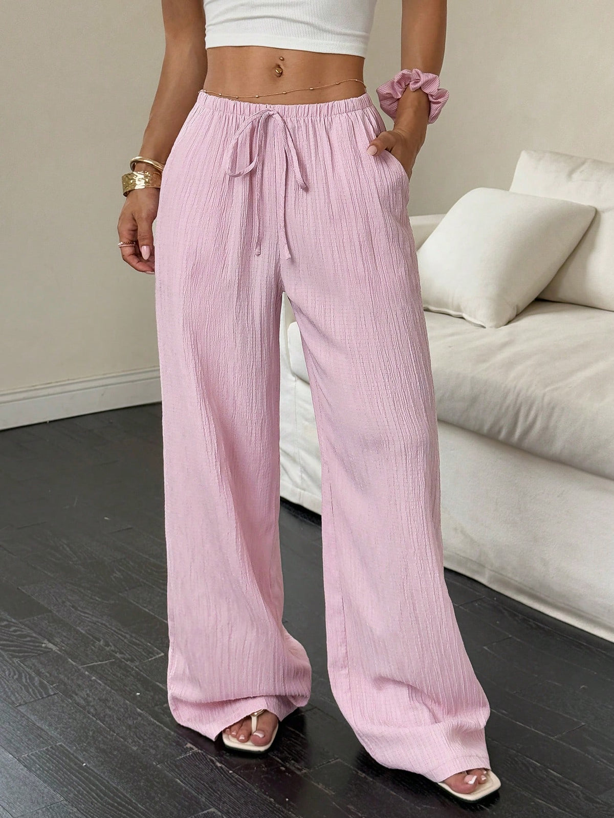 Flirla Women Solid Color Tied Waist Pocket Wide Leg Pants Fall Cloth For Women