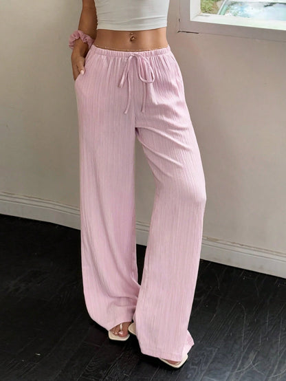 Flirla Women Solid Color Tied Waist Pocket Wide Leg Pants Fall Cloth For Women