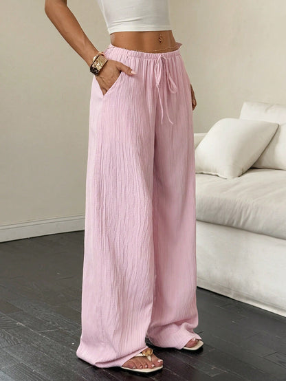 Flirla Women Solid Color Tied Waist Pocket Wide Leg Pants Fall Cloth For Women