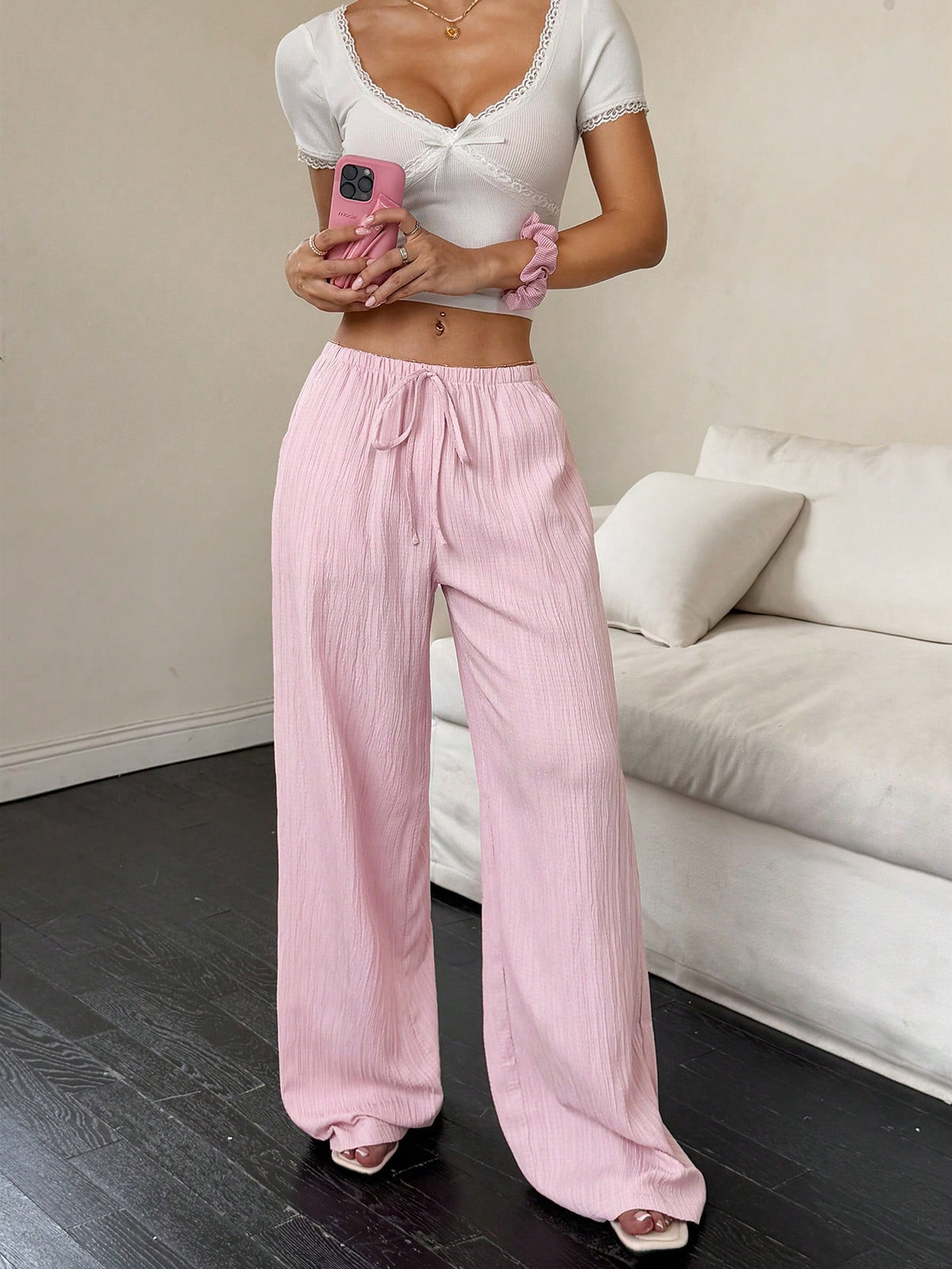 Flirla Women Solid Color Tied Waist Pocket Wide Leg Pants Fall Cloth For Women