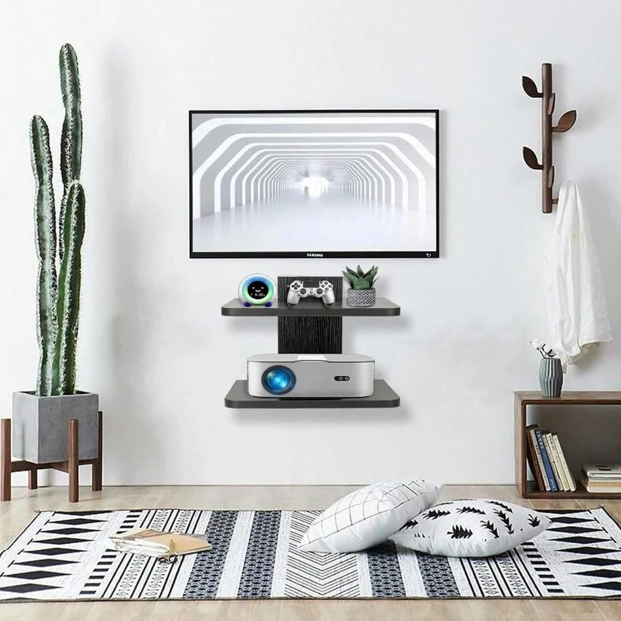 Floating Wall Mounted Projector Shelf Premium 2-Tier TV Stand Organizer For Cable Box DVD Player Game Console Router Home Living Room Entertainment Center