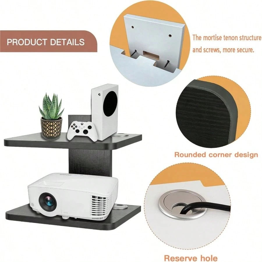 Floating Wall Mounted Projector Shelf Premium 2-Tier TV Stand Organizer For Cable Box DVD Player Game Console Router Home Living Room Entertainment Center