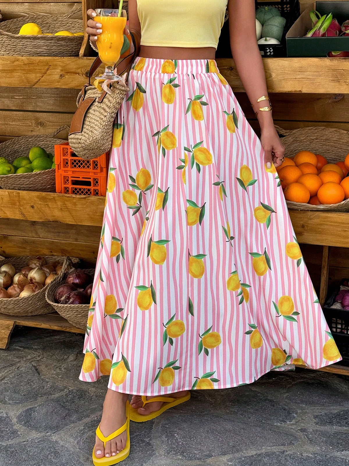 Flora Isola Flora Isola 1pc Women's Casual Striped Colorful Fruit Print A-Line Slit Loose Beach Holiday Everyday Skirt, Spring/Summer
