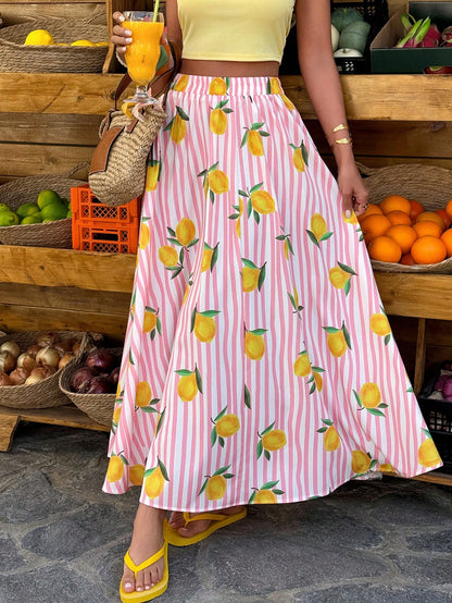 Flora Isola Flora Isola 1pc Women's Casual Striped Colorful Fruit Print A-Line Slit Loose Beach Holiday Everyday Skirt, Spring/Summer