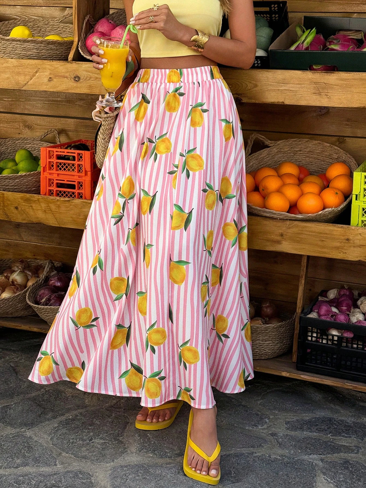 Flora Isola Flora Isola 1pc Women's Casual Striped Colorful Fruit Print A-Line Slit Loose Beach Holiday Everyday Skirt, Spring/Summer