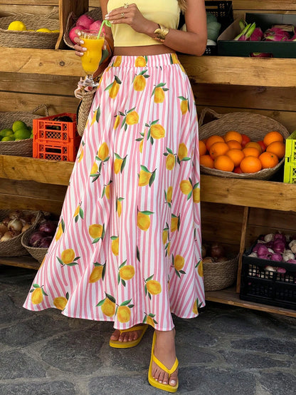 Flora Isola Flora Isola 1pc Women's Casual Striped Colorful Fruit Print A-Line Slit Loose Beach Holiday Everyday Skirt, Spring/Summer