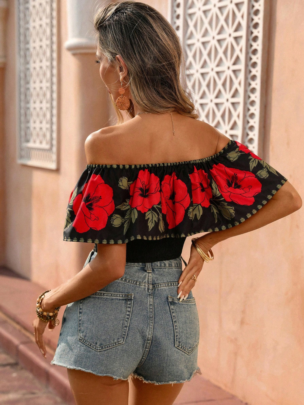 Flora Isola Flora Isola Women's Black And Red Mexican Vibrant Floral Print Off-The-Shoulder Large Ruffled Collar Smocked Blouse,Boho Summer Beach Vacation Holiday Holiday
