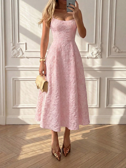 Floreya Summer Elegant Solid Color French Style High-End Elegant Light Dress Waist-Cinching Slim Fit Spaghetti Strap Midi Dress Apricot Dress Party
