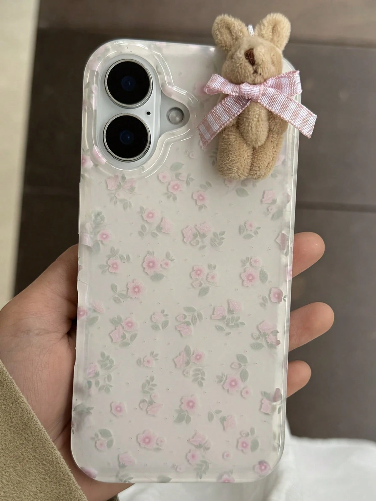 Flower 1pc Youthful And Adorable Girl Floral White Classic Full-Coverage Soft Phone Case + Three-Dimensional Pink Lattice Bow Brown Rabbit, Compatible With IPhone16 15 14 13 12 11 Pro Max Plus