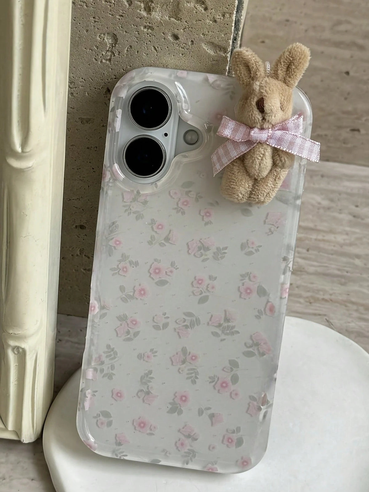 Flower 1pc Youthful And Adorable Girl Floral White Classic Full-Coverage Soft Phone Case + Three-Dimensional Pink Lattice Bow Brown Rabbit, Compatible With IPhone16 15 14 13 12 11 Pro Max Plus