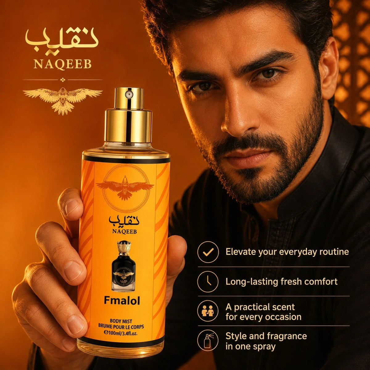 FMALOL Arabian Men's Perfume Spray, 3.4 Oz, Portable Body Spray, Long-Lasting Oriental Fragrance, Suitable For Hair And Body, Ideal For Parties, Dates, And Gift-Giving, An Exquisite Holiday Gift.