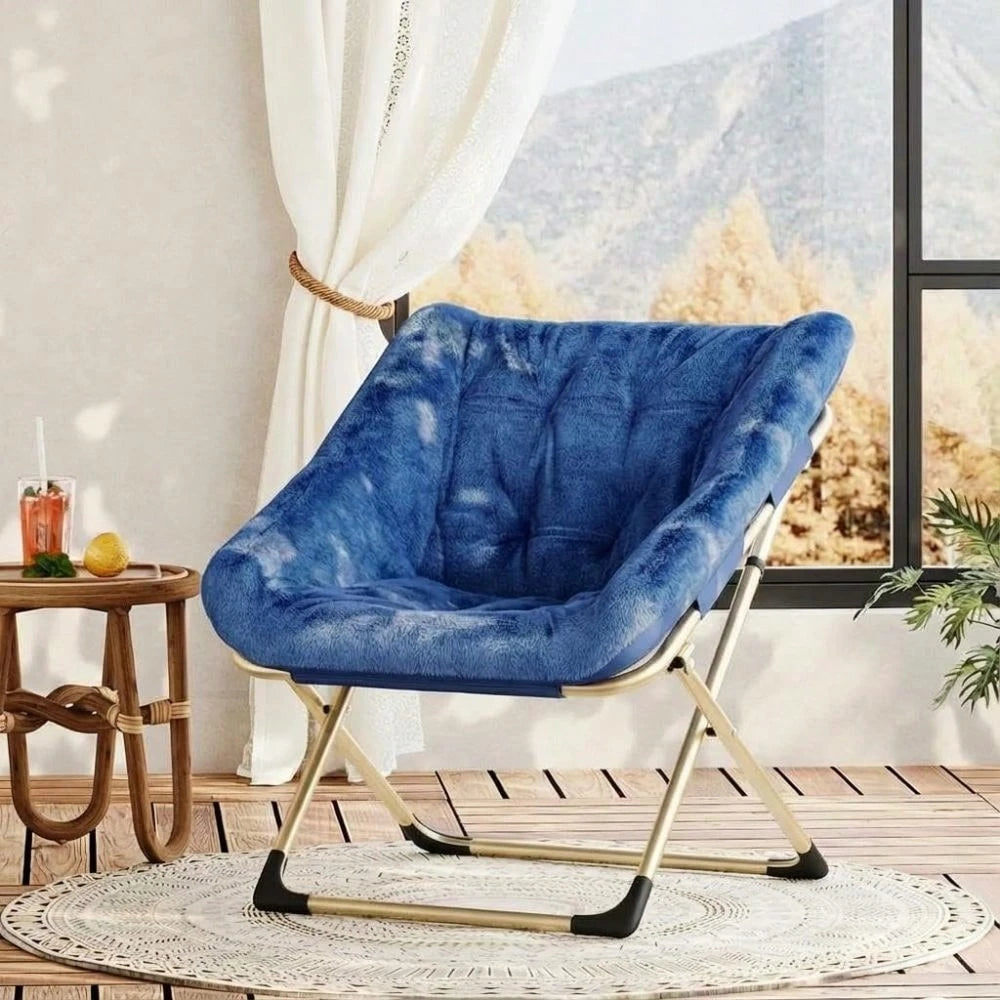 Foldable Accent Saucer Chair For Living Room- Comfy Faux F-Ur Cushion, No Assembly Required For Dorms & Bedrooms