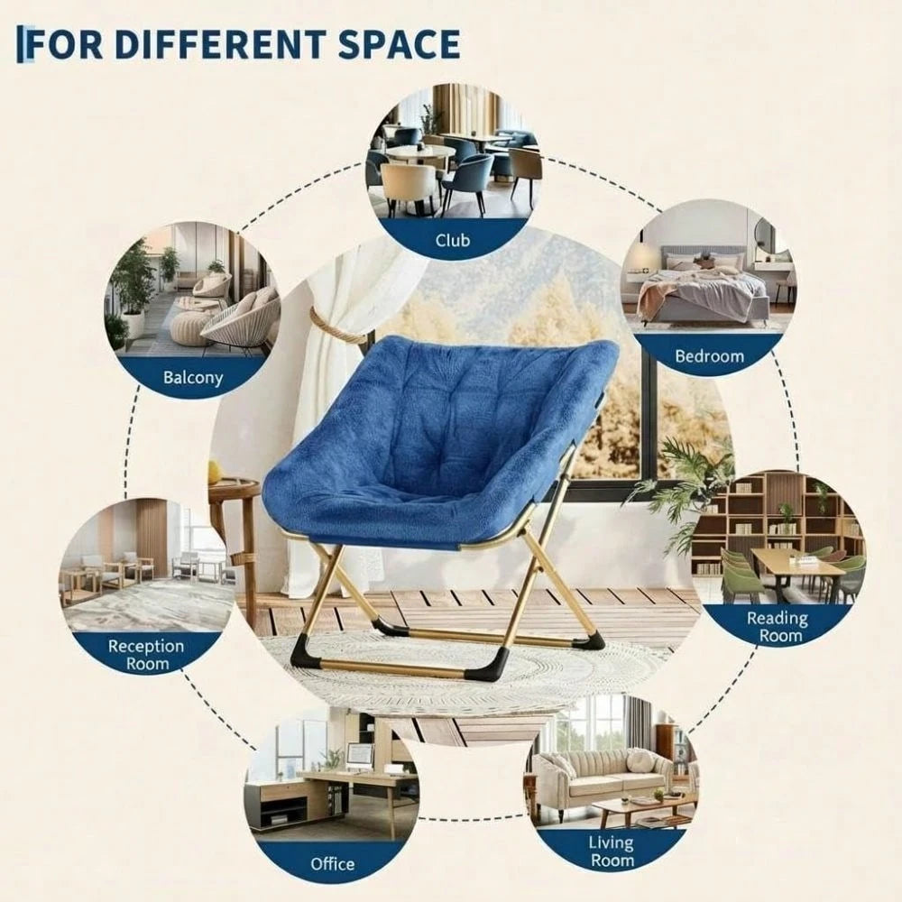 Foldable Accent Saucer Chair For Living Room- Comfy Faux F-Ur Cushion, No Assembly Required For Dorms & Bedrooms