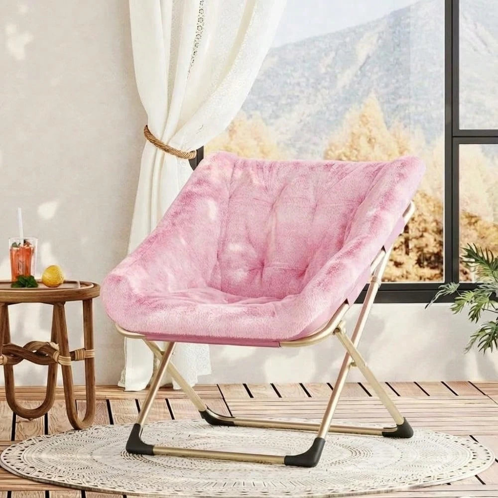 Foldable Accent Saucer Chair For Living Room- Comfy Faux F-Ur Cushion, No Assembly Required For Dorms & Bedrooms