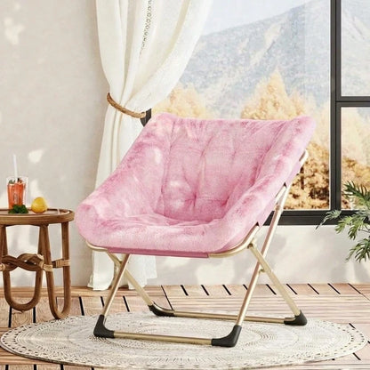 Foldable Accent Saucer Chair For Living Room- Comfy Faux F-Ur Cushion, No Assembly Required For Dorms & Bedrooms
