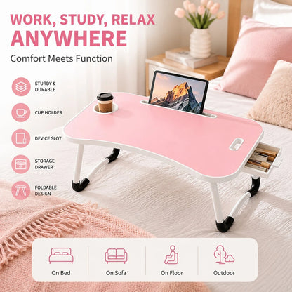 Foldable Laptop Desk Bed Tray Table, Portable Large Lap Desk With Cup Holder, Tablet Holder & Storage Drawer, Multi-Function Bedside Table For Work, Study, Reading, Eating On Bed, Sofa & Couch