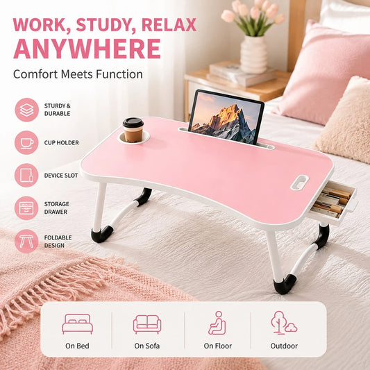 Foldable Laptop Desk Bed Tray Table, Portable Large Lap Desk With Cup Holder, Tablet Holder & Storage Drawer, Multi-Function Bedside Table For Work, Study, Reading, Eating On Bed, Sofa & Couch