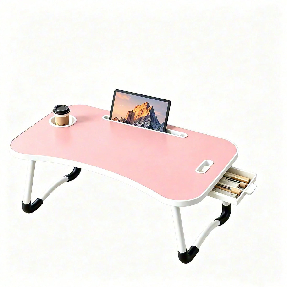 Foldable Laptop Desk Bed Tray Table, Portable Large Lap Desk With Cup Holder, Tablet Holder & Storage Drawer, Multi-Function Bedside Table For Work, Study, Reading, Eating On Bed, Sofa & Couch