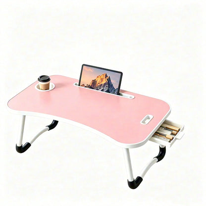 Foldable Laptop Desk Bed Tray Table, Portable Large Lap Desk With Cup Holder, Tablet Holder & Storage Drawer, Multi-Function Bedside Table For Work, Study, Reading, Eating On Bed, Sofa & Couch