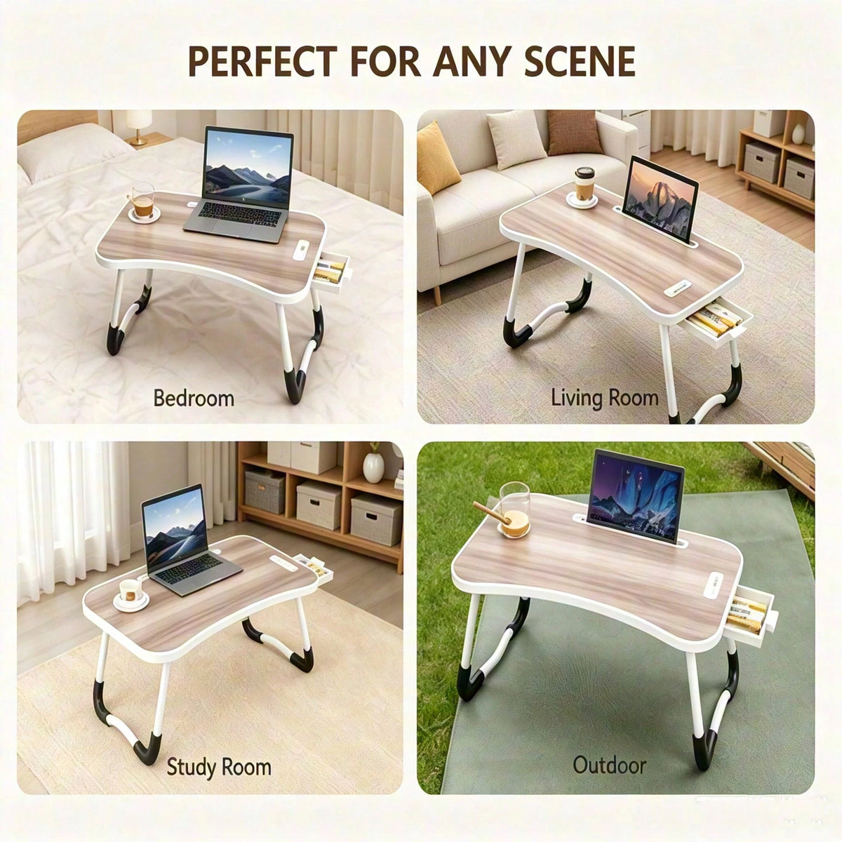 Foldable Laptop Desk Bed Tray Table, Portable Large Lap Desk With Cup Holder, Tablet Holder & Storage Drawer, Multi-Function Bedside Table For Work, Study, Reading, Eating On Bed, Sofa & Couch