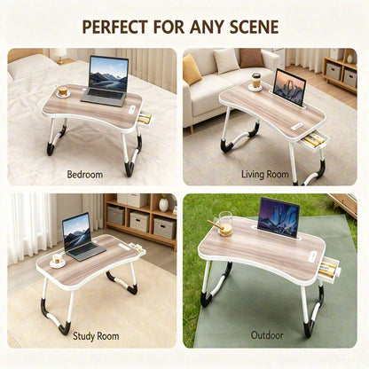 Foldable Laptop Desk Bed Tray Table, Portable Large Lap Desk With Cup Holder, Tablet Holder & Storage Drawer, Multi-Function Bedside Table For Work, Study, Reading, Eating On Bed, Sofa & Couch