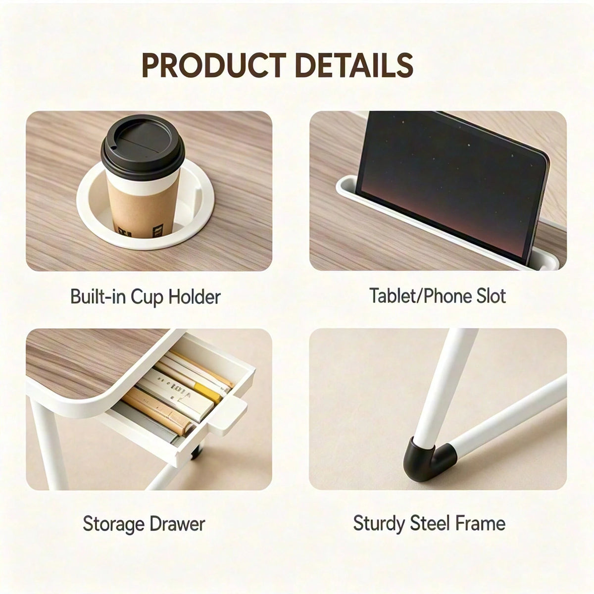 Foldable Laptop Desk Bed Tray Table, Portable Large Lap Desk With Cup Holder, Tablet Holder & Storage Drawer, Multi-Function Bedside Table For Work, Study, Reading, Eating On Bed, Sofa & Couch