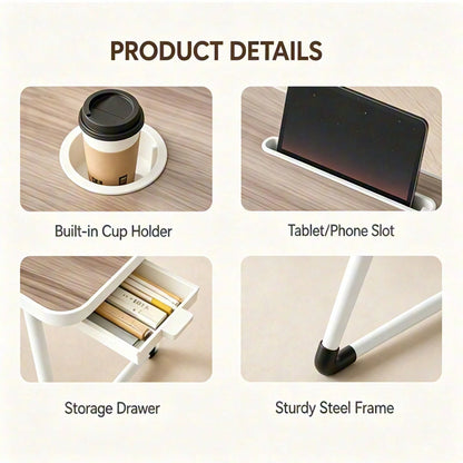 Foldable Laptop Desk Bed Tray Table, Portable Large Lap Desk With Cup Holder, Tablet Holder & Storage Drawer, Multi-Function Bedside Table For Work, Study, Reading, Eating On Bed, Sofa & Couch