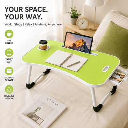 Foldable Laptop Desk Bed Tray Table, Portable Large Lap Desk With Cup Holder, Tablet Holder & Storage Drawer, Multi-Function Bedside Table For Work, Study, Reading, Eating On Bed, Sofa & Couch