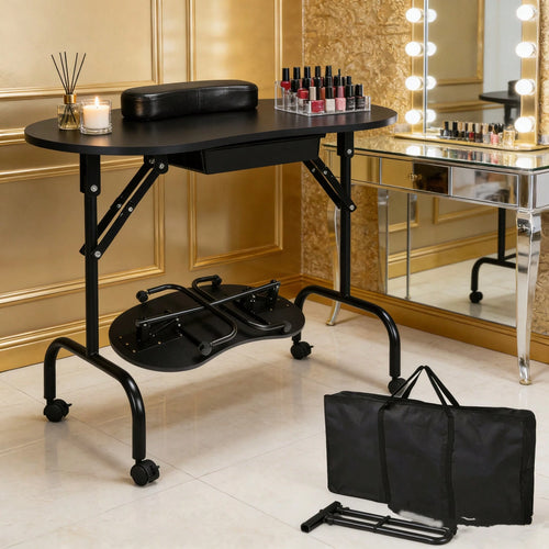 Folding Manicure Table With Lockable Wheels And Bag- 17.5" X 37" Black Tabletop, Iron Plastic MDF, Portable Carrying Bag, Easy Assembly For Mobile Beauticians