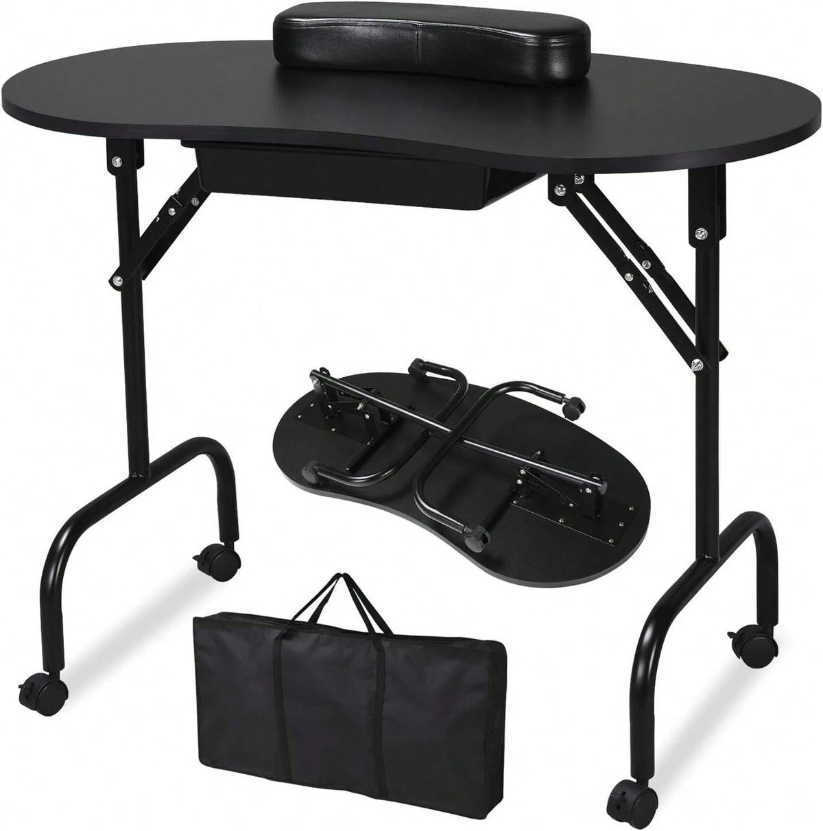 Folding Manicure Table With Lockable Wheels And Bag- 17.5" X 37" Black Tabletop, Iron Plastic MDF, Portable Carrying Bag, Easy Assembly For Mobile Beauticians