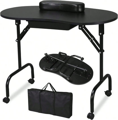 Folding Manicure Table With Lockable Wheels And Bag- 17.5" X 37" Black Tabletop, Iron Plastic MDF, Portable Carrying Bag, Easy Assembly For Mobile Beauticians