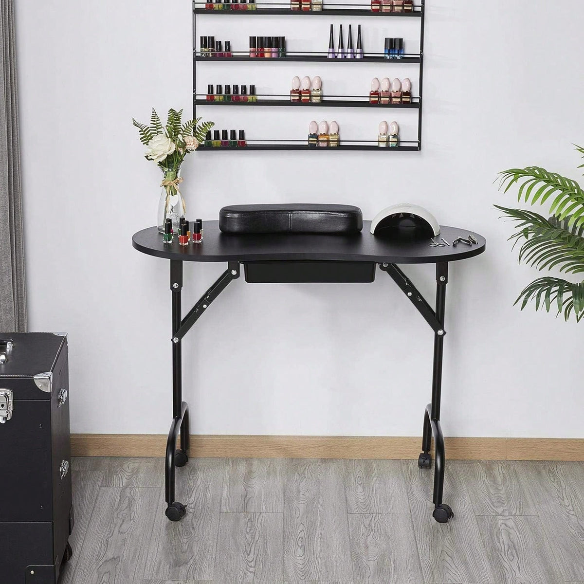 Folding Manicure Table With Lockable Wheels And Bag- 17.5" X 37" Black Tabletop, Iron Plastic MDF, Portable Carrying Bag, Easy Assembly For Mobile Beauticians