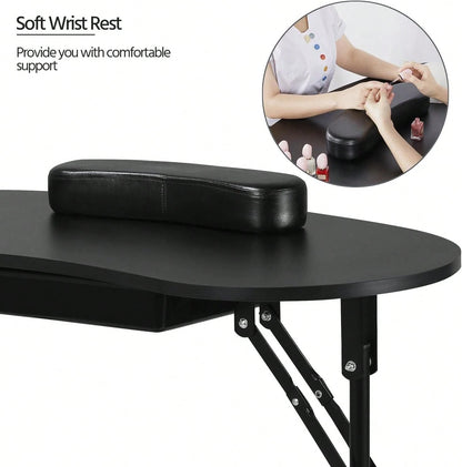 Folding Manicure Table With Lockable Wheels And Bag- 17.5" X 37" Black Tabletop, Iron Plastic MDF, Portable Carrying Bag, Easy Assembly For Mobile Beauticians