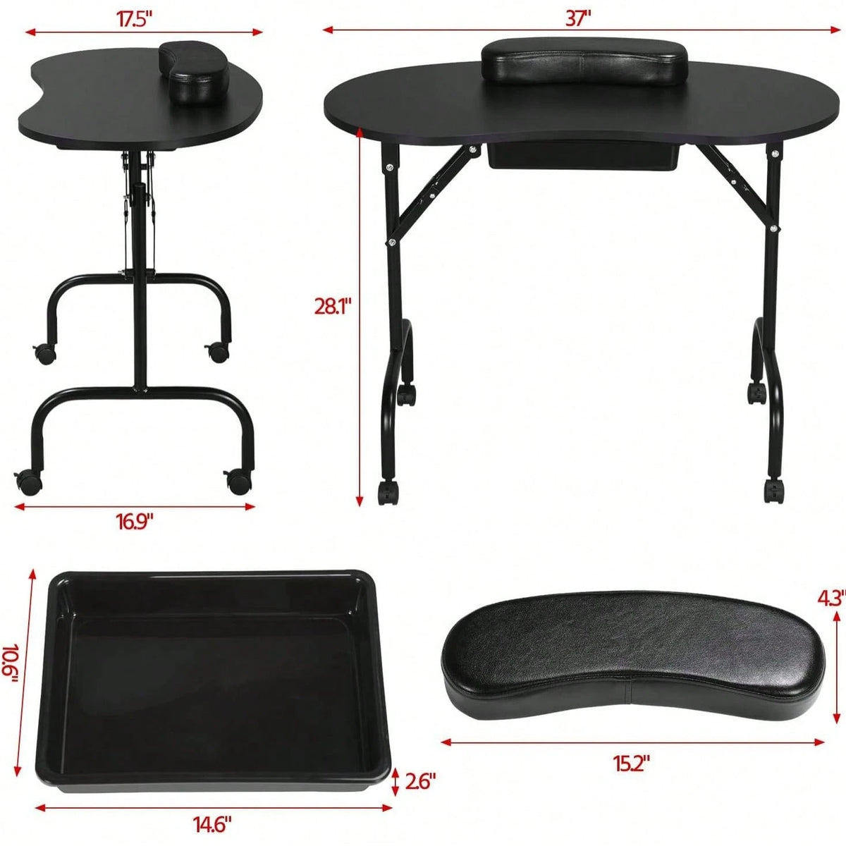 Folding Manicure Table With Lockable Wheels And Bag- 17.5" X 37" Black Tabletop, Iron Plastic MDF, Portable Carrying Bag, Easy Assembly For Mobile Beauticians