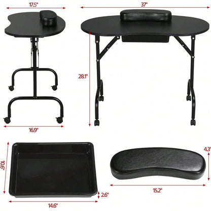 Folding Manicure Table With Lockable Wheels And Bag- 17.5" X 37" Black Tabletop, Iron Plastic MDF, Portable Carrying Bag, Easy Assembly For Mobile Beauticians