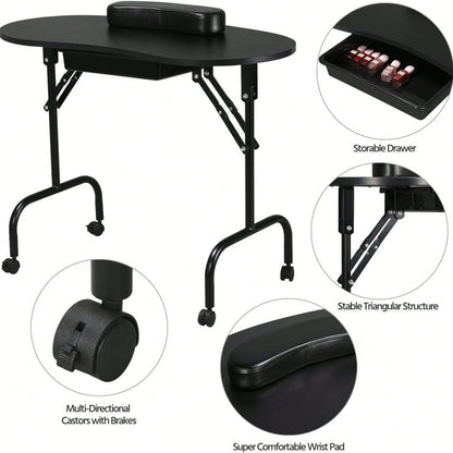 Folding Manicure Table With Lockable Wheels And Bag- 17.5" X 37" Black Tabletop, Iron Plastic MDF, Portable Carrying Bag, Easy Assembly For Mobile Beauticians