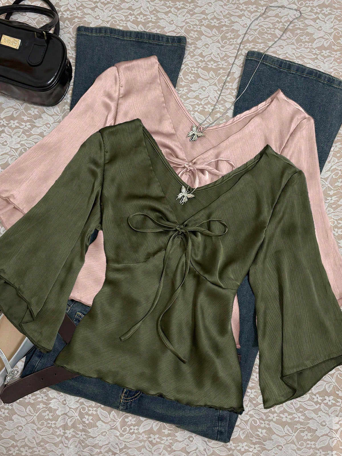 Franclia 2pcs Women Solid Color Tie Front Shirt Set