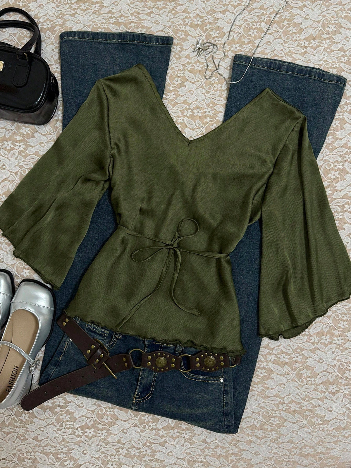 Franclia 2pcs Women Solid Color Tie Front Shirt Set