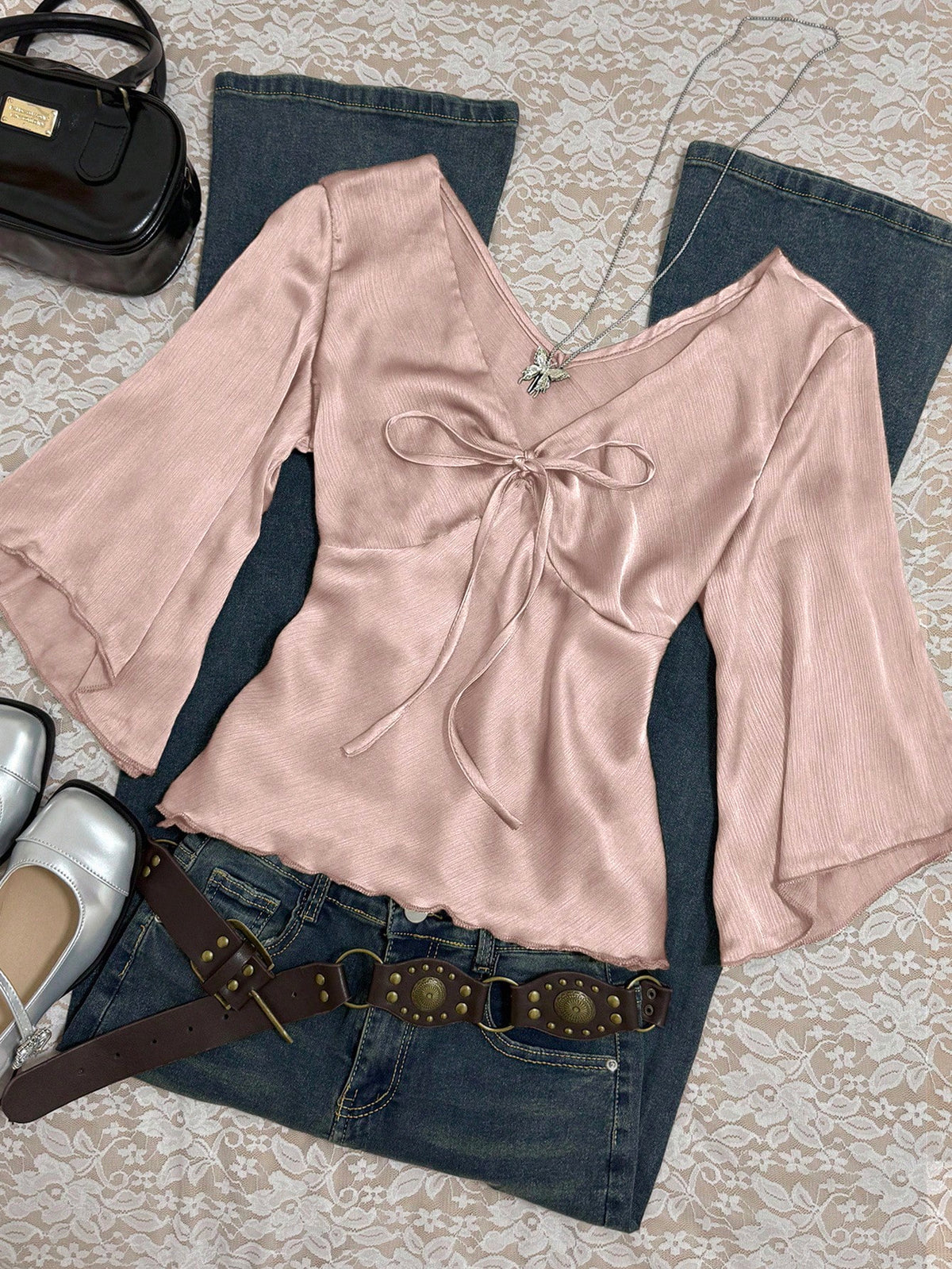 Franclia 2pcs Women Solid Color Tie Front Shirt Set