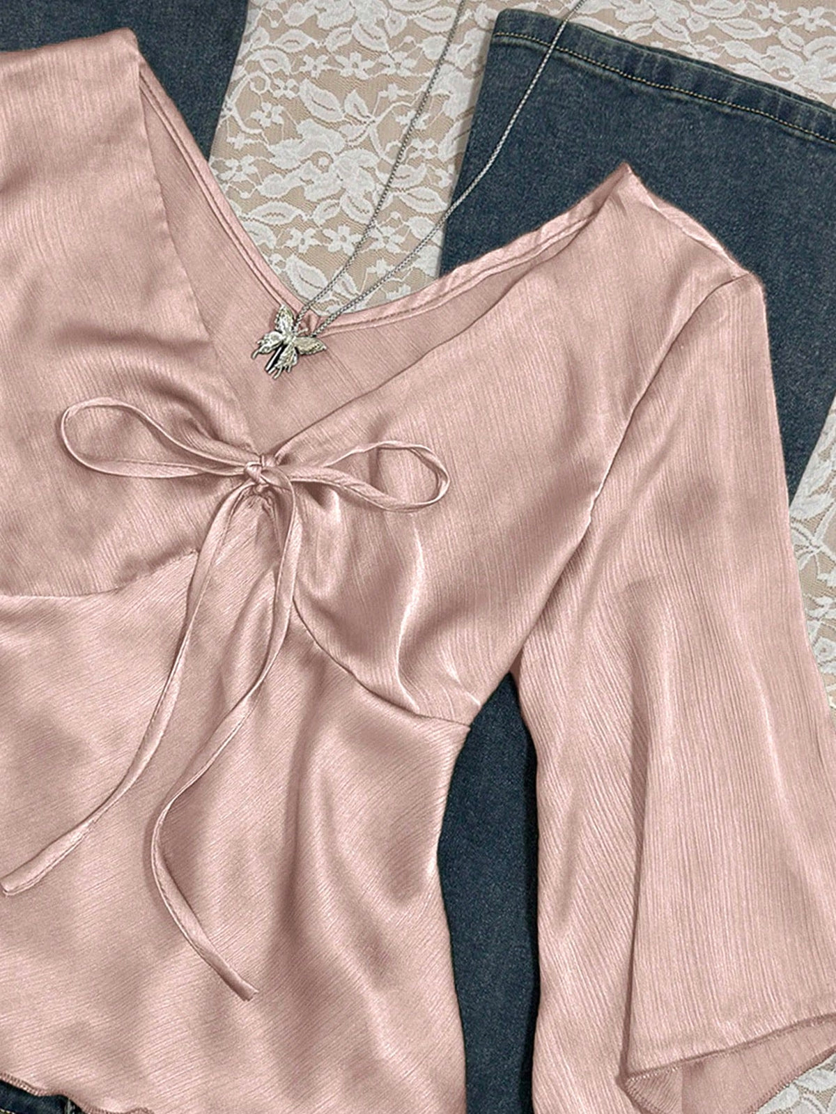 Franclia 2pcs Women Solid Color Tie Front Shirt Set