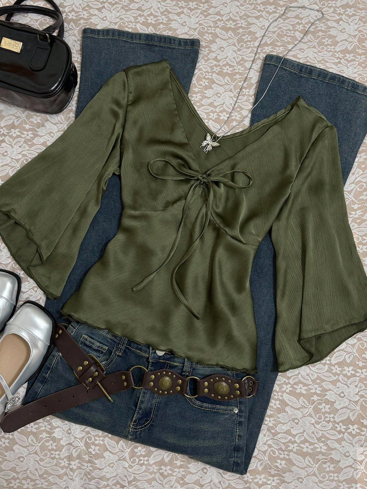 Franclia 2pcs Women Solid Color Tie Front Shirt Set