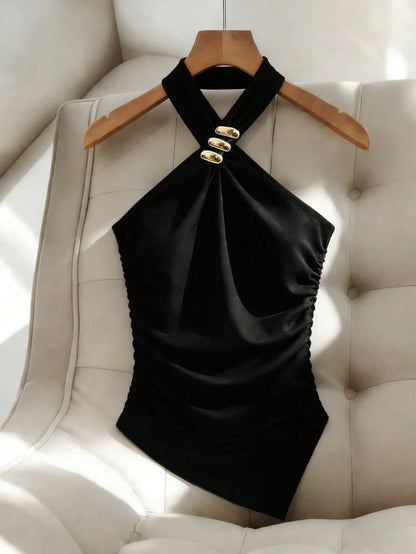 Franclia Black Metal Decorated Sleeveless Crop Top, Knit Fitted Summer Casual Tank Top With Asymmetrical Hem