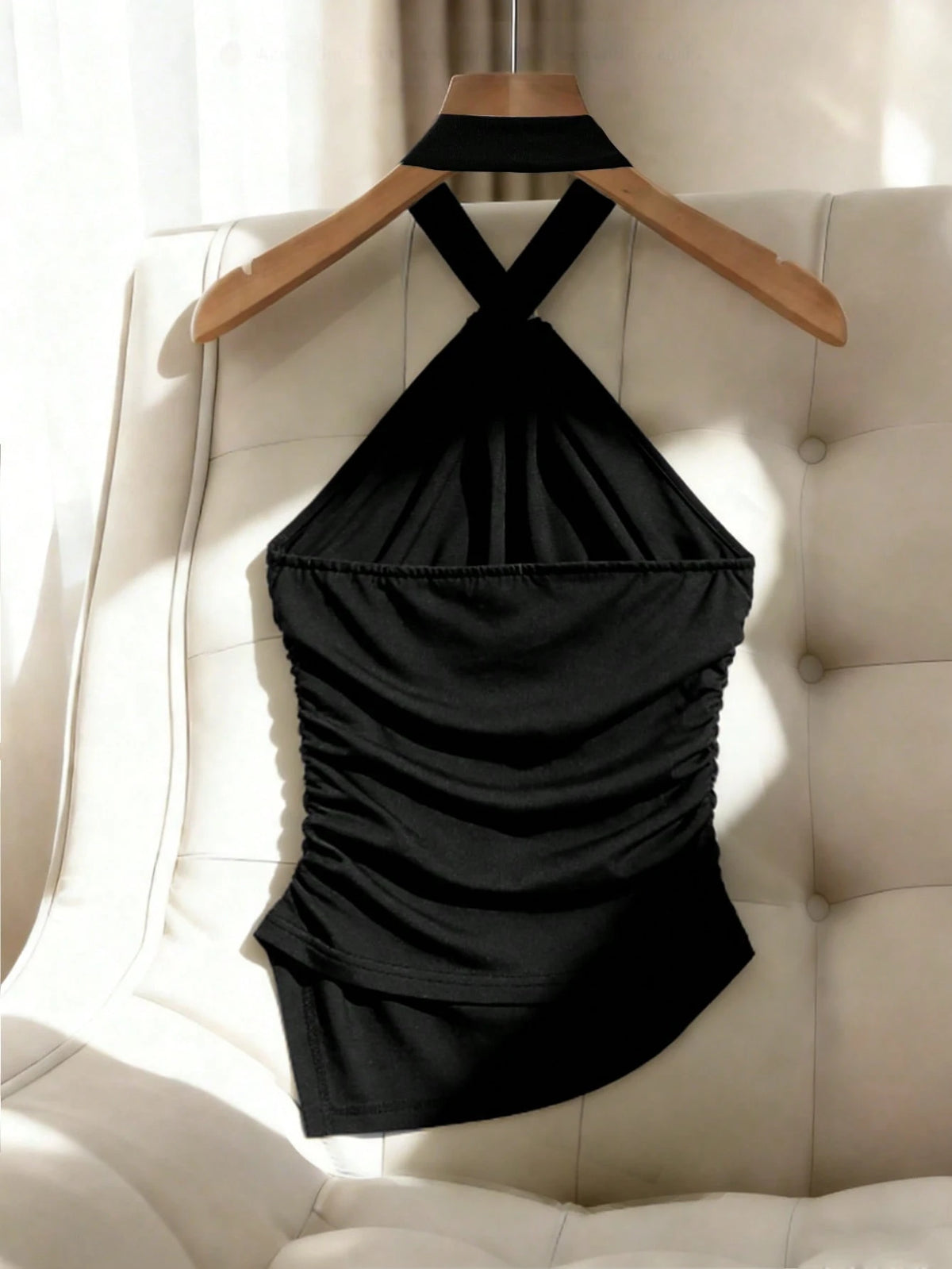 Franclia Black Metal Decorated Sleeveless Crop Top, Knit Fitted Summer Casual Tank Top With Asymmetrical Hem