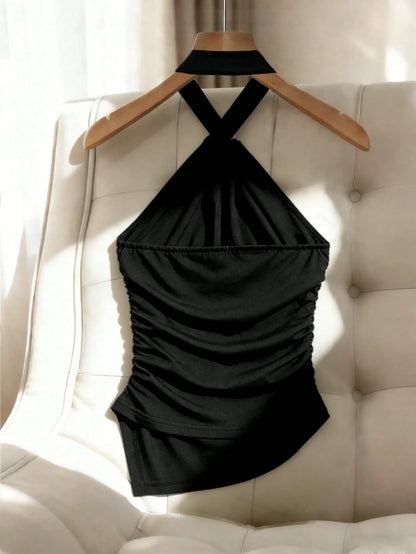 Franclia Black Metal Decorated Sleeveless Crop Top, Knit Fitted Summer Casual Tank Top With Asymmetrical Hem