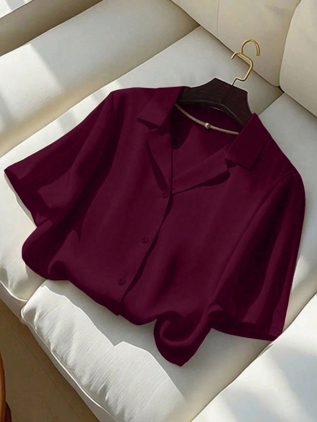 Franclia Burgundy Summer Casual Office Women's Elegant Short Sleeve Collared Shirt,Solid Color Versatile Crop Top Jacket,Classy Maroon Dark Red Blouses