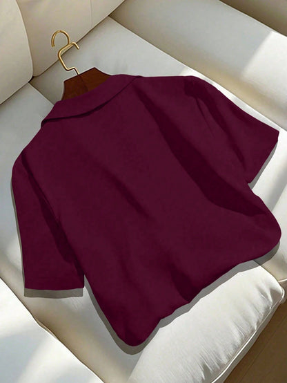 Franclia Burgundy Summer Casual Office Women's Elegant Short Sleeve Collared Shirt,Solid Color Versatile Crop Top Jacket,Classy Maroon Dark Red Blouses