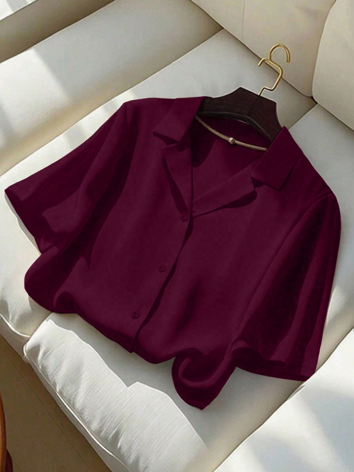 Franclia Burgundy Summer Casual Office Women's Elegant Short Sleeve Collared Shirt,Solid Color Versatile Crop Top Jacket,Classy Maroon Dark Red Blouses